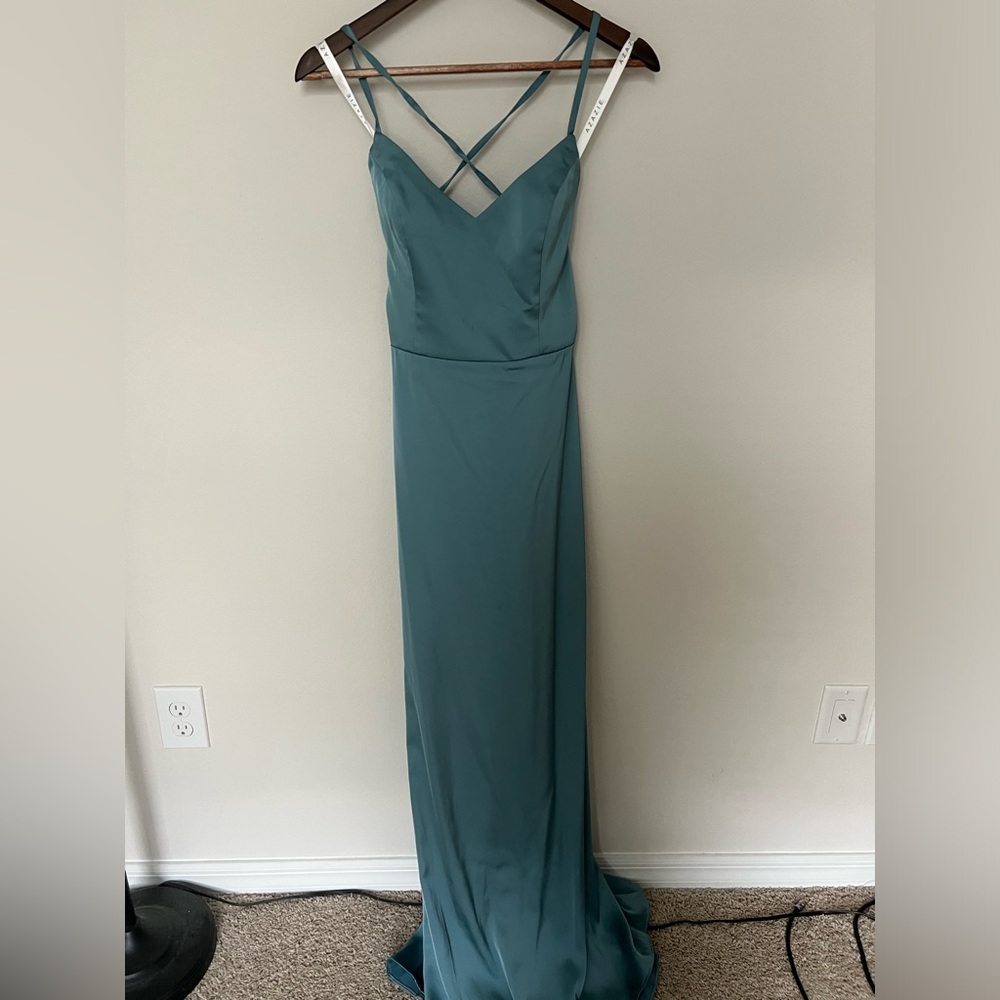 Azazie moody blue satin Mei bridesmaid dress